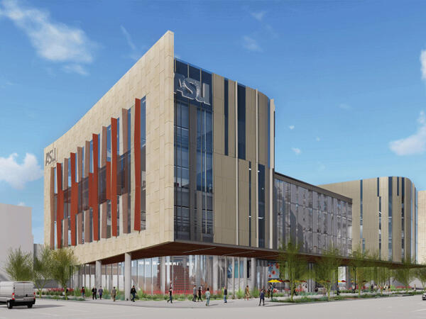 A conceptual rendering of the new ASU Health building in downtown Phoenix with students outside walking to classes.